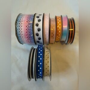 Lot of 10 Ribbon Spools – Polka Dot, Paw Print, Stripes, Ombre – 7 New